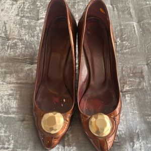 Botkier bronze patent heels with gold medallion detail